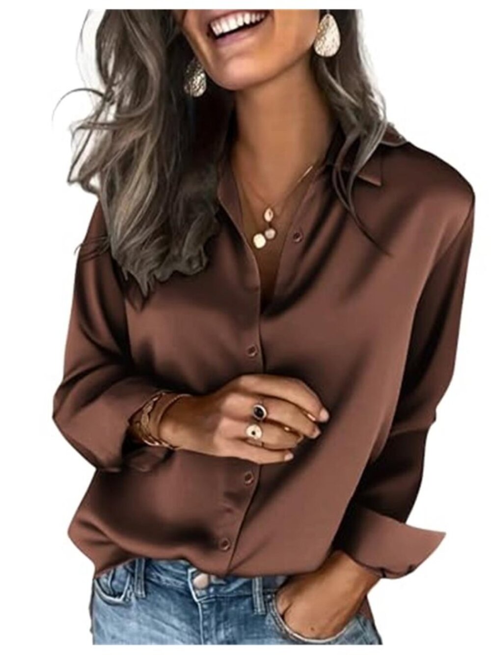 Satin Button Up Shirt Womens Long Sleeve Blouse Dressy Office Formal Top Silky